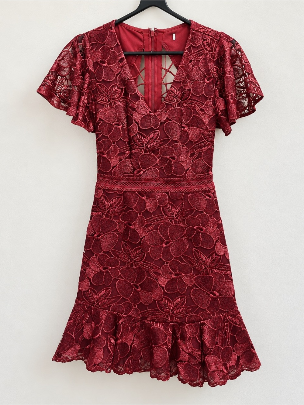 Women's Red Floral Lace Midi Dress with Flutter Sleeves